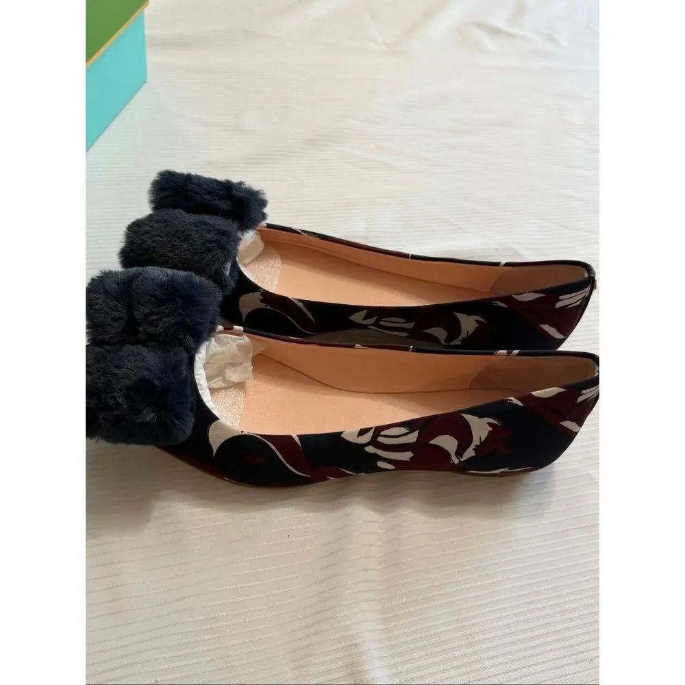 kate spade‎ Navy Floral Fur Bow Flats